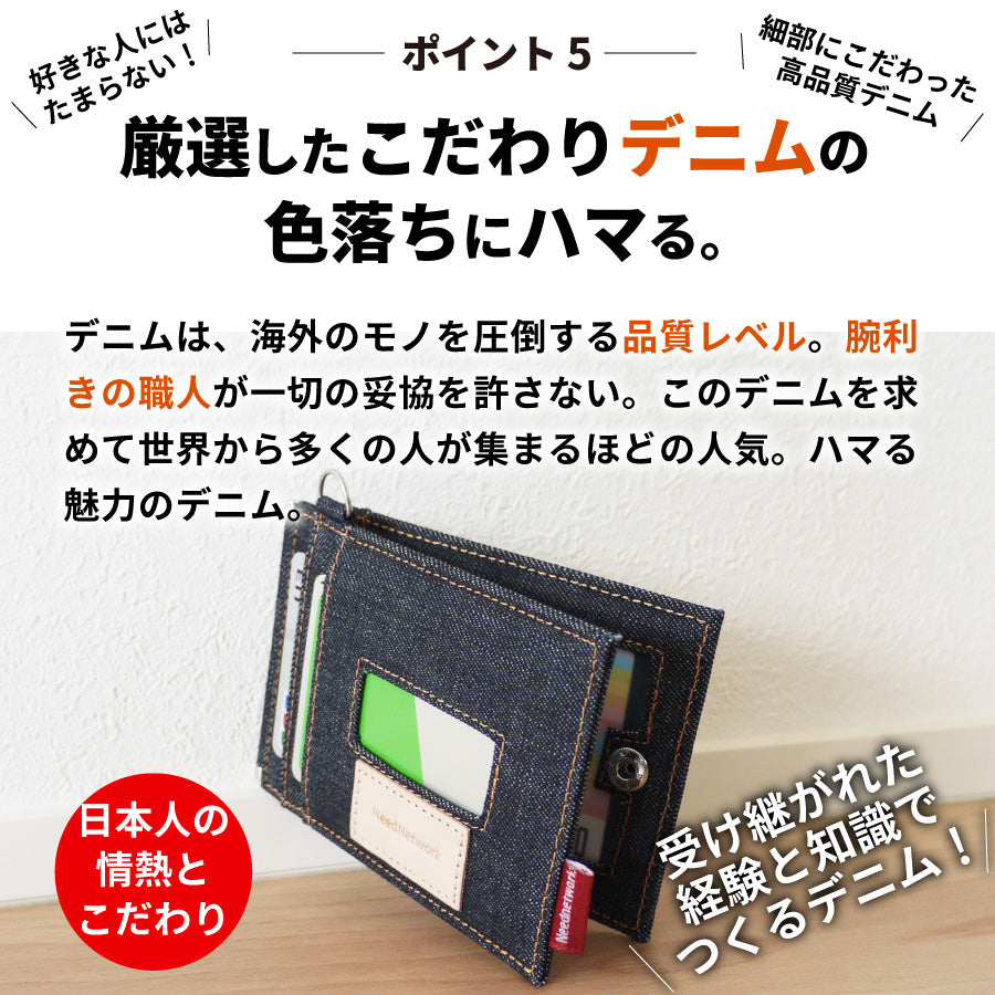 定期入れ 日本が誇るデニム パスケース 二つ折り ICカード 2枚 4面 極薄