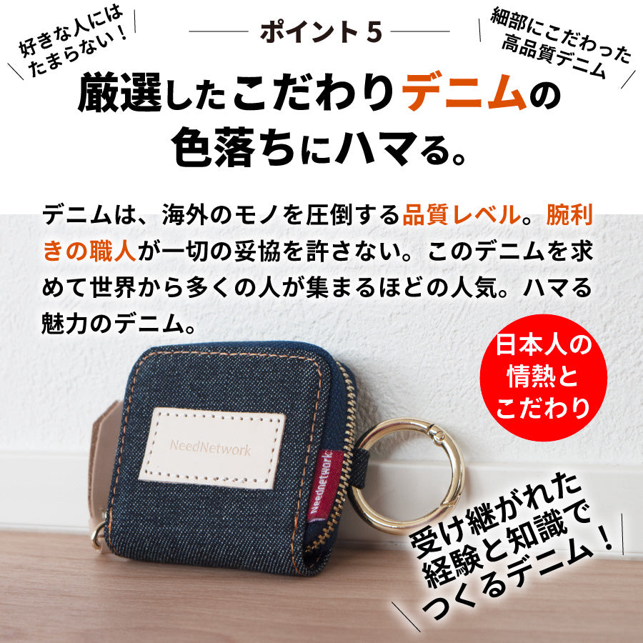 小銭入れ 日本が誇るデニム 極小 コンパクト ファスナー キーホルダー