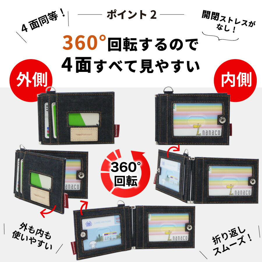 定期入れ 日本が誇るデニム パスケース 二つ折り ICカード 2枚 4面 極薄