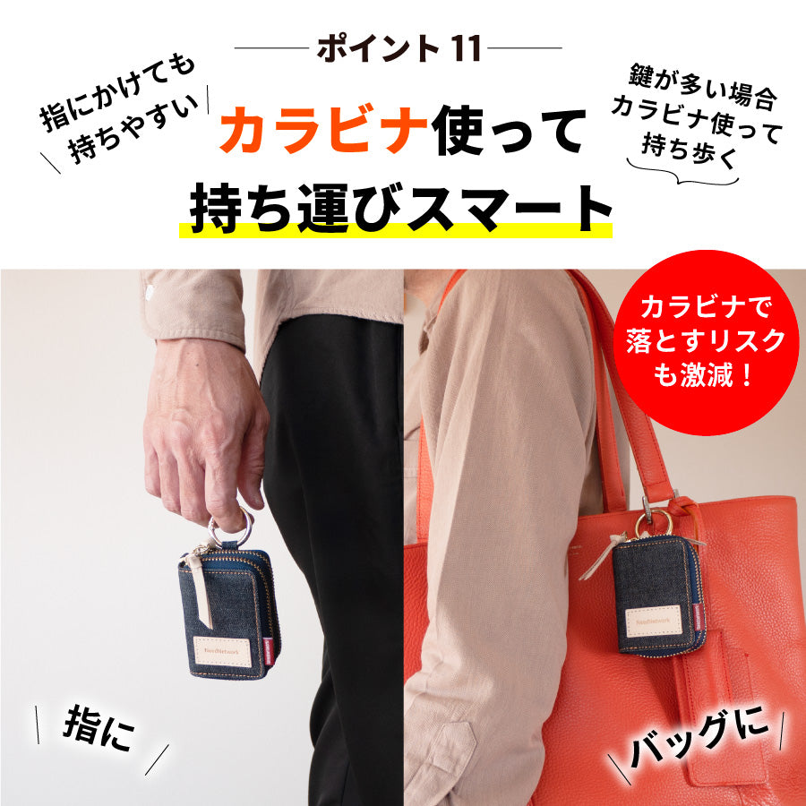 スマートキーケース 2個収納 日本が誇るデニム 本革 ダブル ファスナー